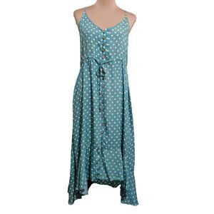 Polka Dot Midi Dress Boho Cottagecore Sundress Flowy Button-Up Tie Waist Size L